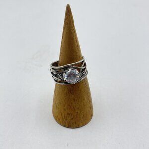 Handcrafted 925 Silver Ring With Large Clear Gemstone Intricate Band Design Size